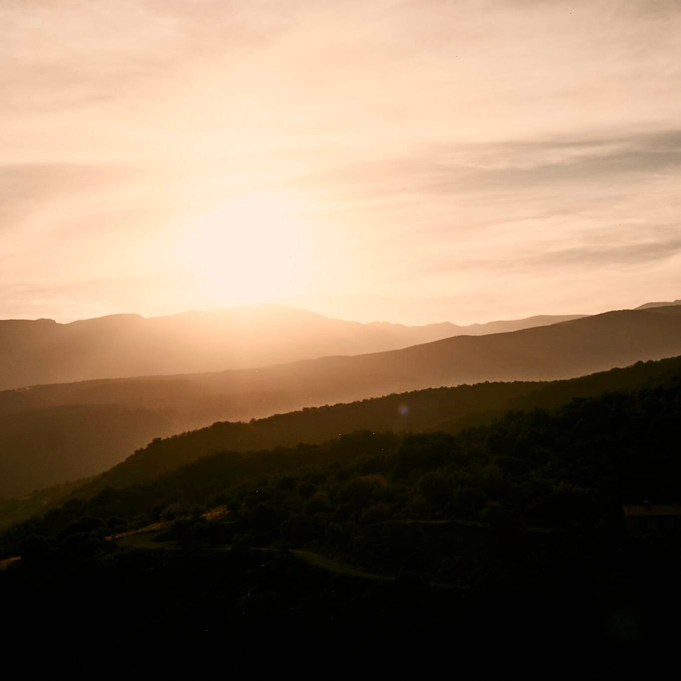 Die Sonne geht über einer Reihe sanfter, geschwungener Hügel unter und verbreitet ein warmes, goldenes Licht wie eine Essenz der Ruhe. Der Himmel ist mit weichen, dünnen Wolken gefüllt und erinnert an eine Innere Reise durch heitere und friedliche Landschaften. Im Vordergrund ist schattiges Gelände zu sehen.