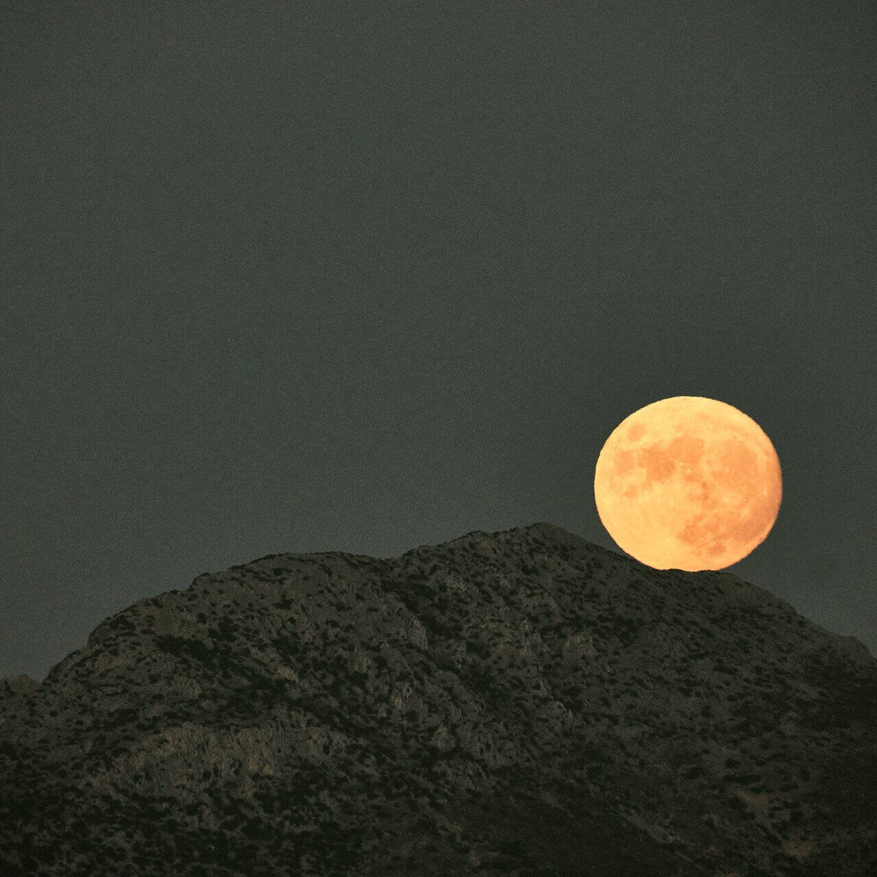 Ein großer, goldener Vollmond geht über einer schroffen, dunklen Bergsilhouette vor einem gräulichen Himmel auf und erzeugt einen markanten Kontrast zwischen dem hellen Mond und der schattigen Landschaft.